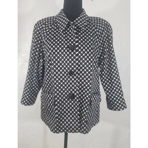 Talbots Women's Sz 12 L Black White Geometric Button Stretch 3/4 Sleeve Jacket